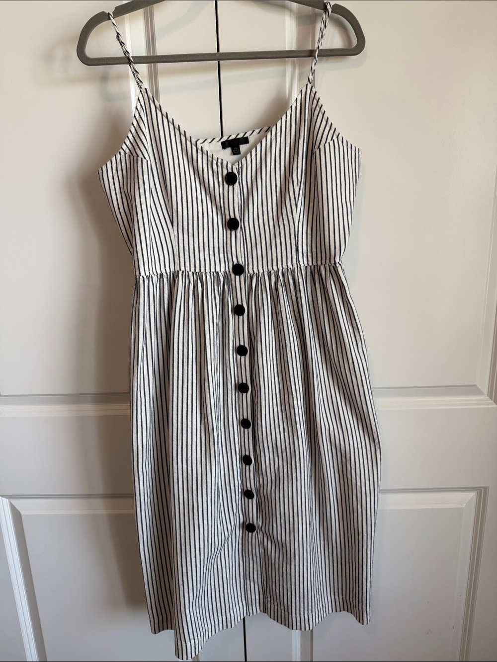 Linen White and Navy Striped Button-Front Midi Sundress